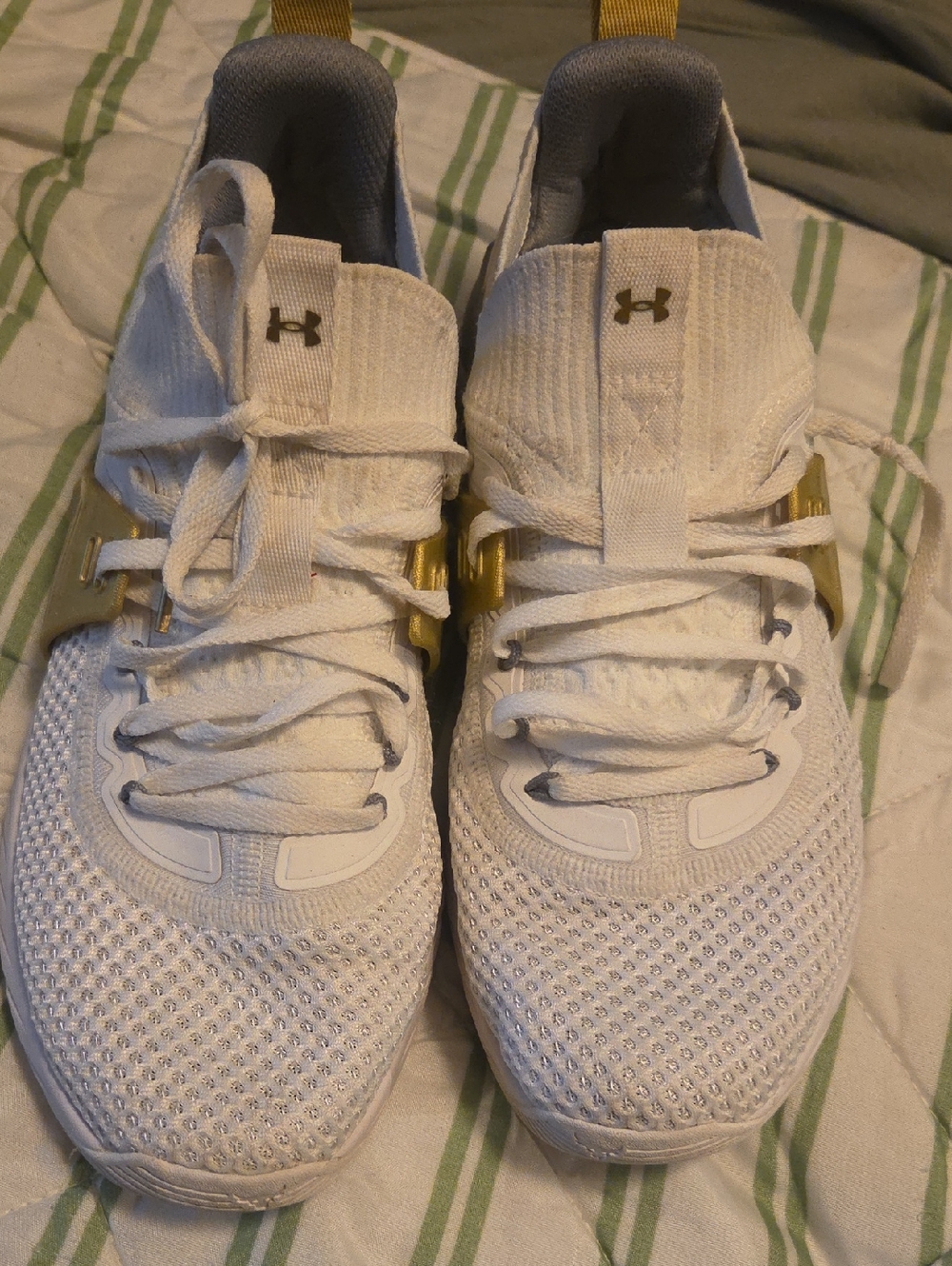 Under Armour White Knit Rare PROJECT ROCK Athletic Sneakers with Gold Accents